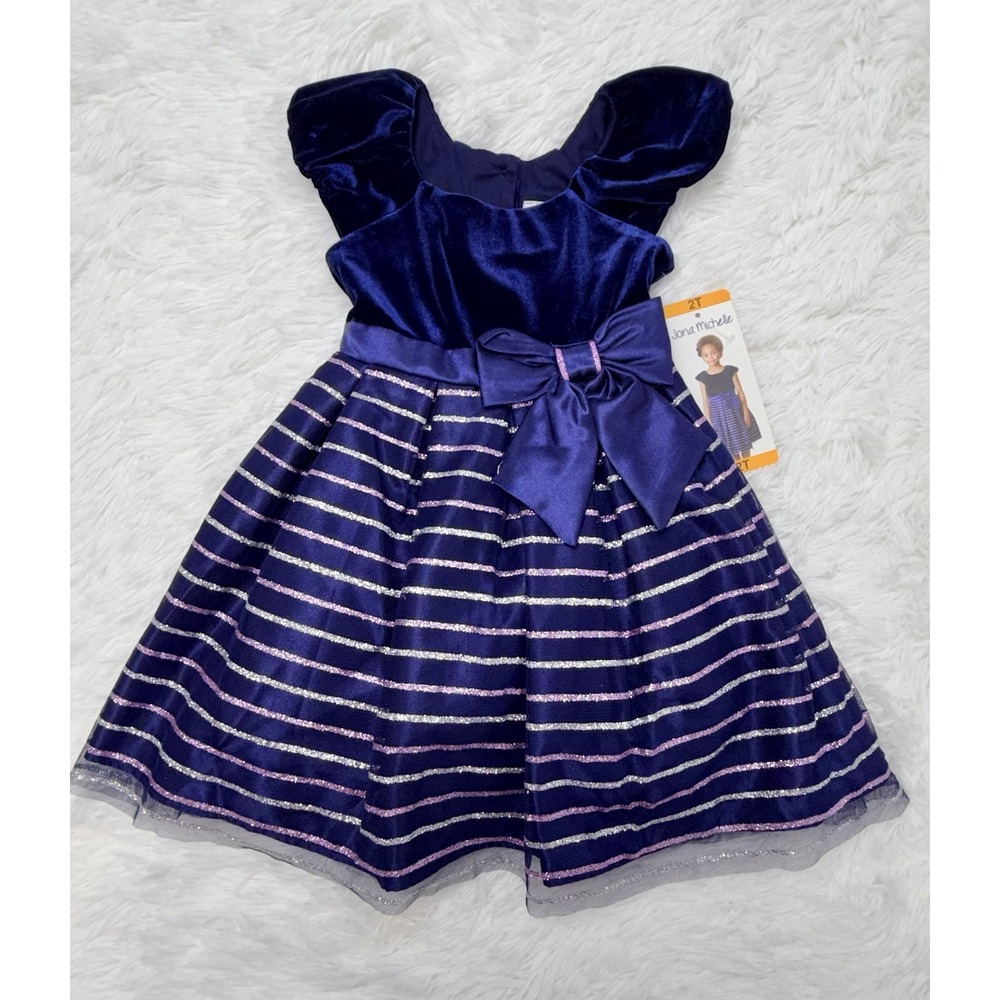NWT Jona Michelle Girls Fit & Flare Navy Striped Dress Bow Glitter Size 2T